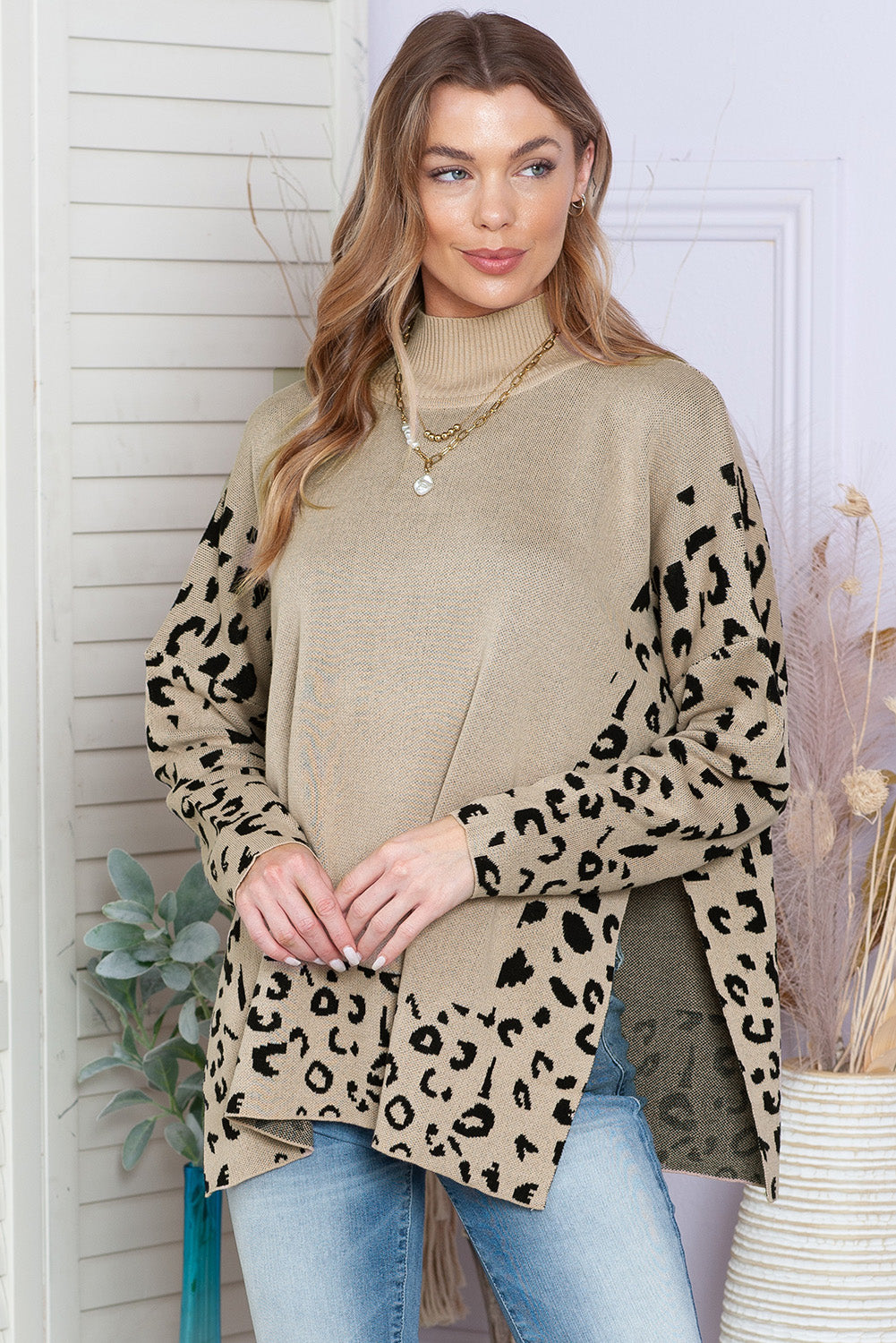 Khaki Leopard Casual Side Slit High Neck Oversized Sweater