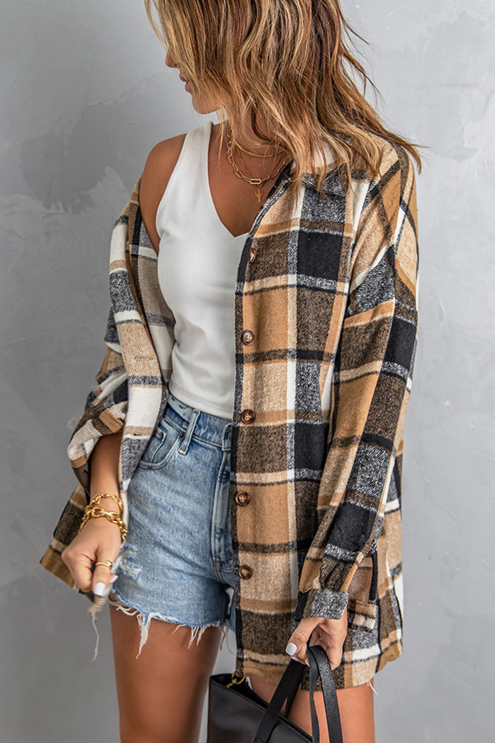 Brown Plaid Button Up Long Sleeve Flannel Shacket