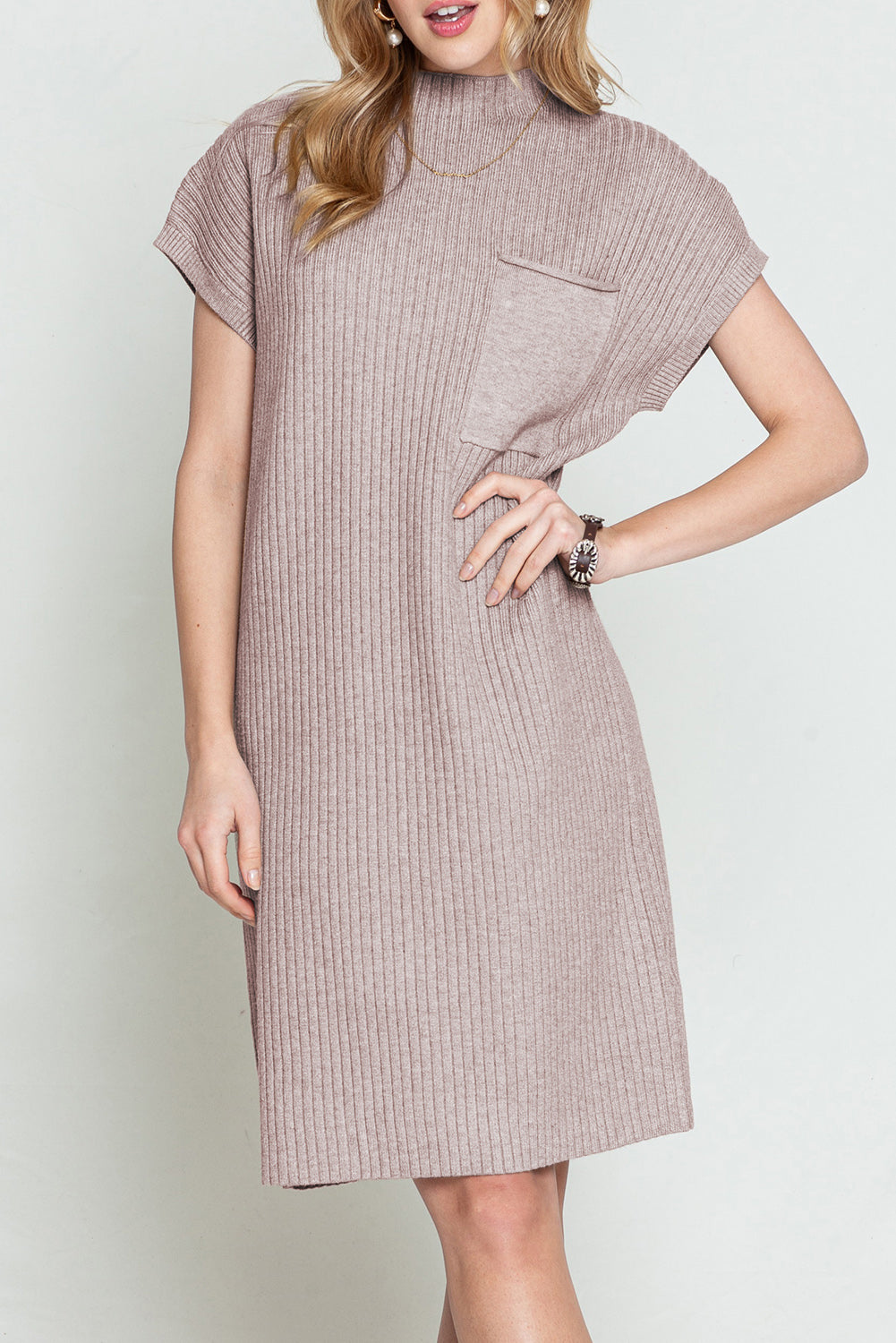 Taupe Patch Pocket Ribbed Knit Short Sleeve Sweater Dress