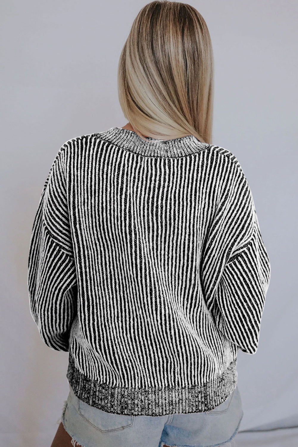 Black Stripe Ribbed Drop Shoulder Sweater