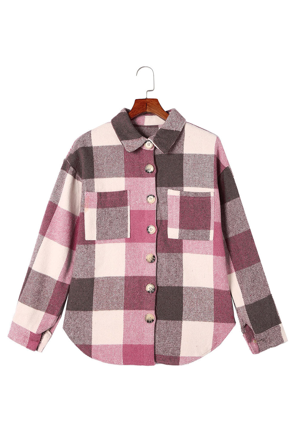 Grey Plaid Color Block Pockets Buttoned Shacket