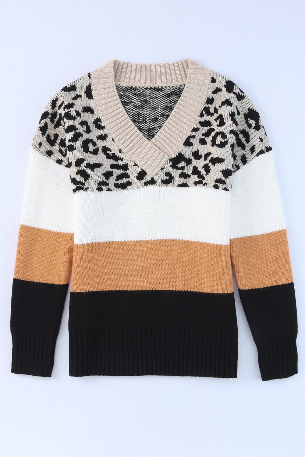 Khaki Leopard Color Block Casual V Neck Sweater