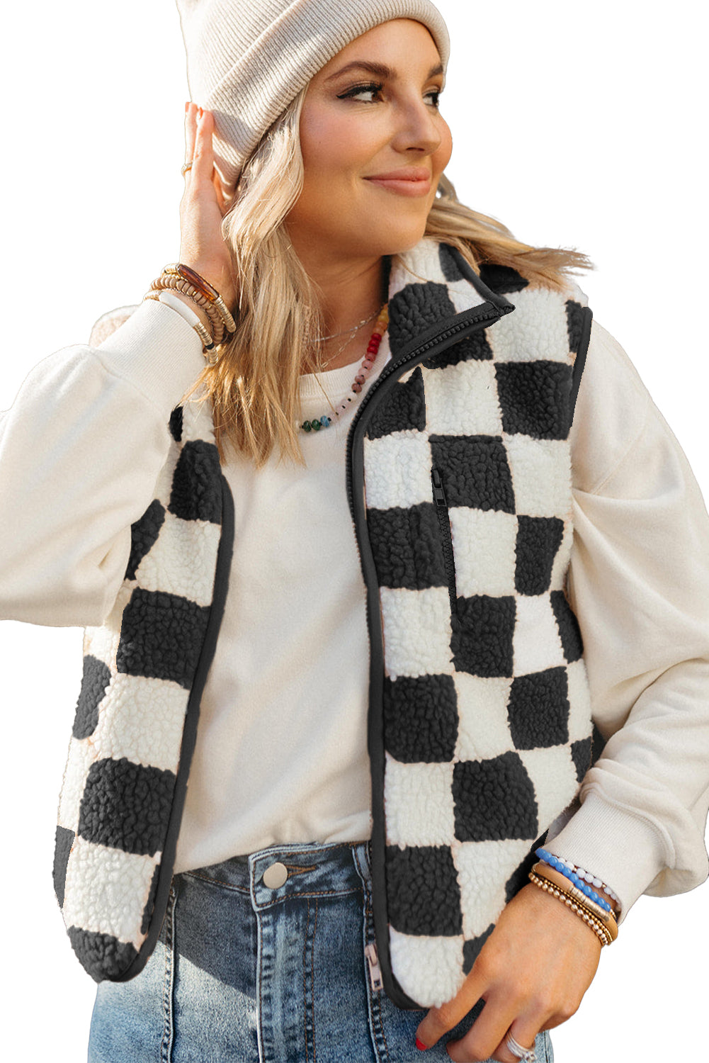 Khaki Checkered Sherpa Collared Jacket Vest