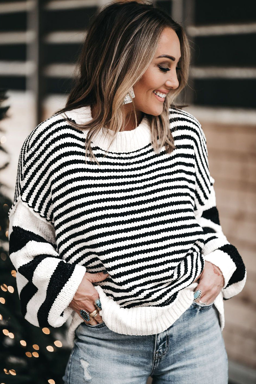 Black & White Striped Drop Sleeve Knit Sweater