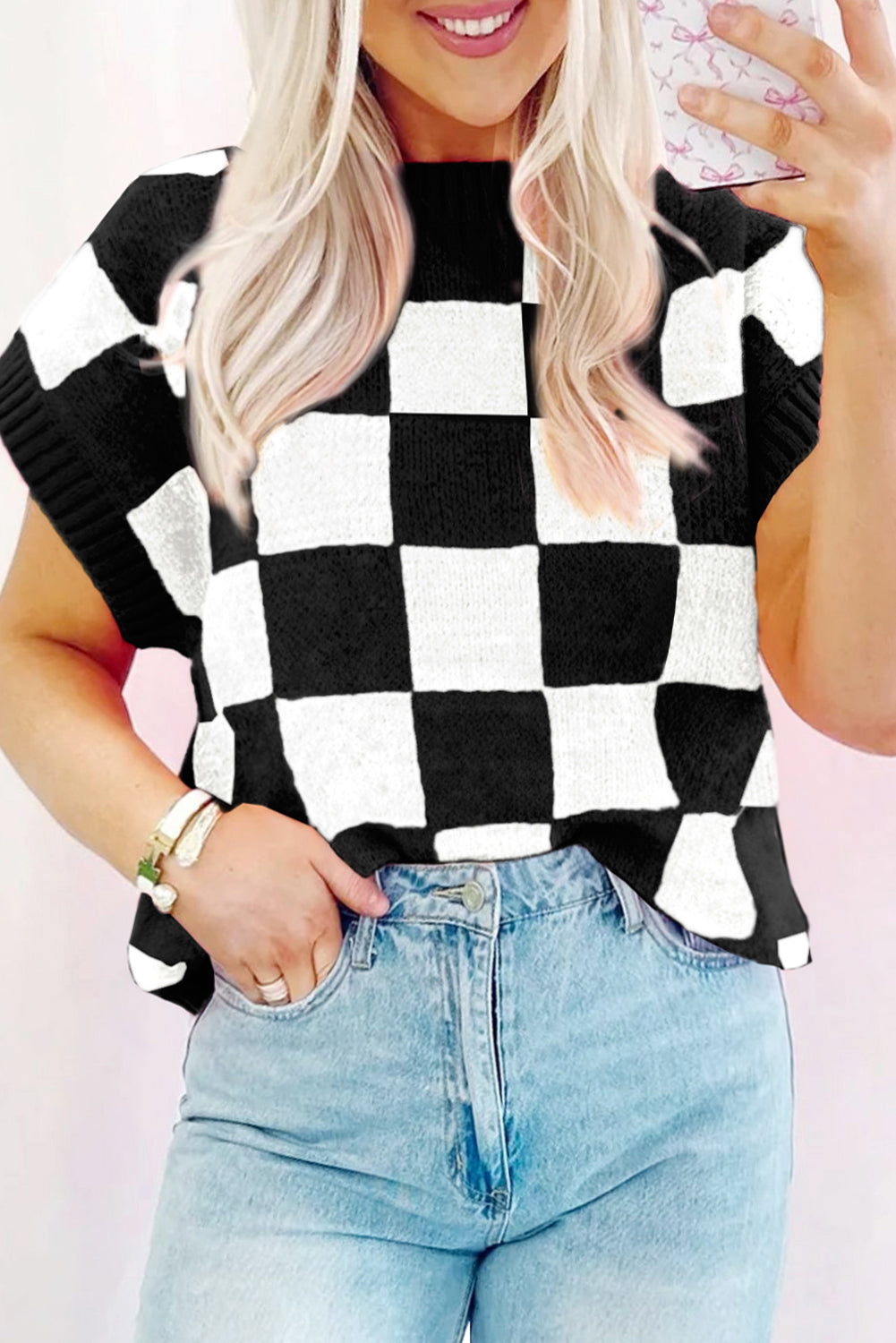 Strawberry Pink Colorblock Plaid Knit Dolman Tee