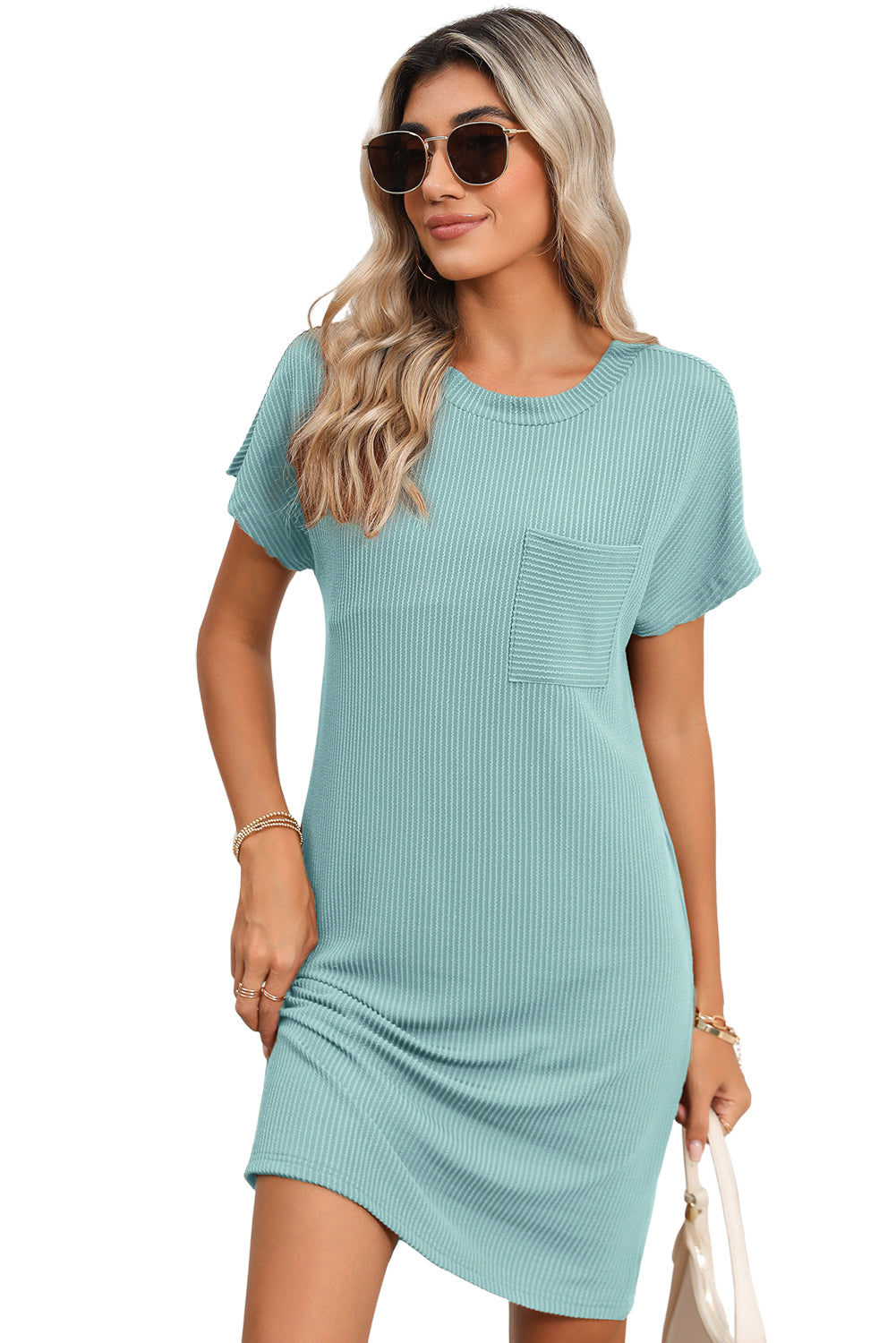 Grey Ribbed Short Sleeve Chest Pocket Casual T Shirt Dress