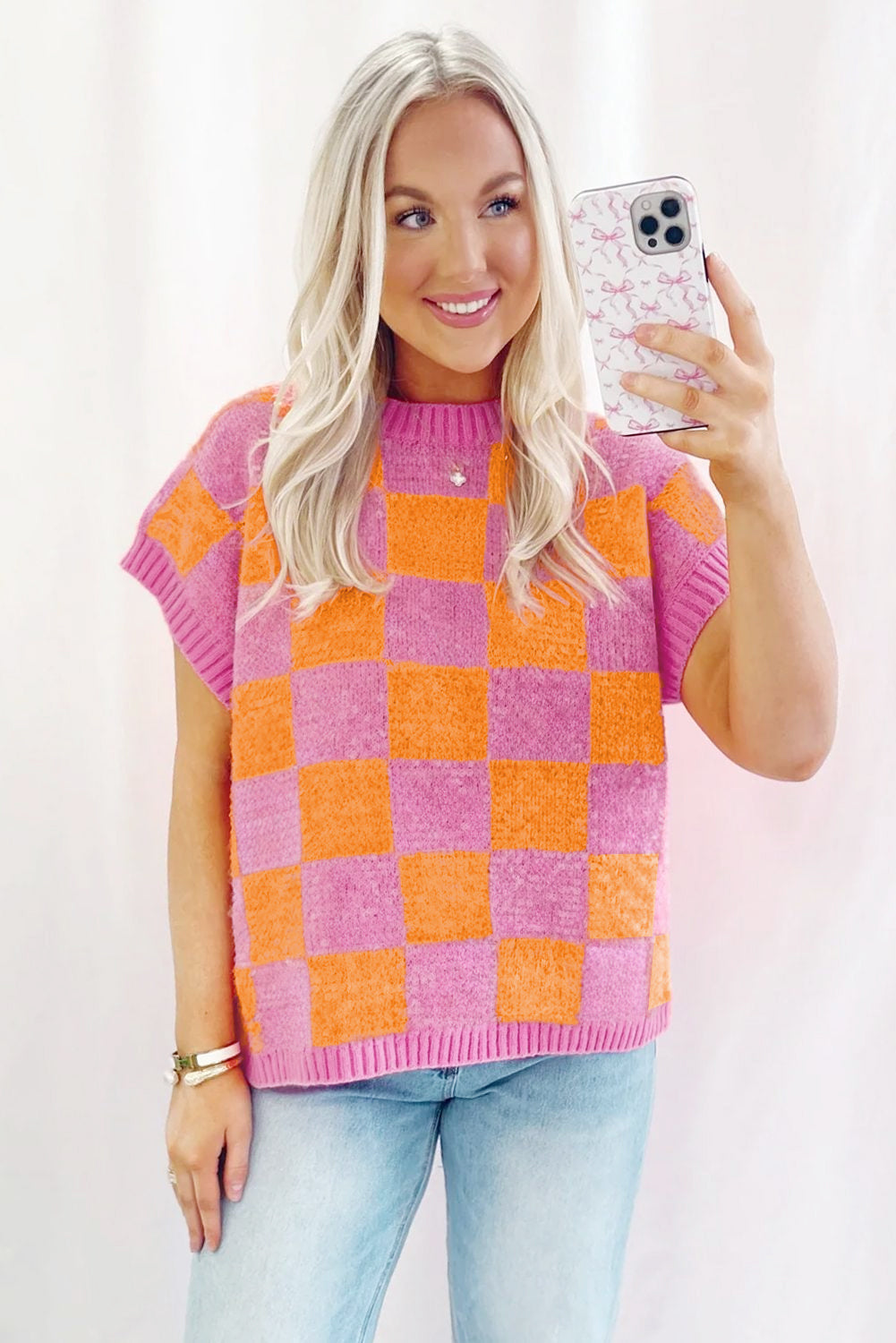 Strawberry Pink Colorblock Plaid Knit Dolman Tee