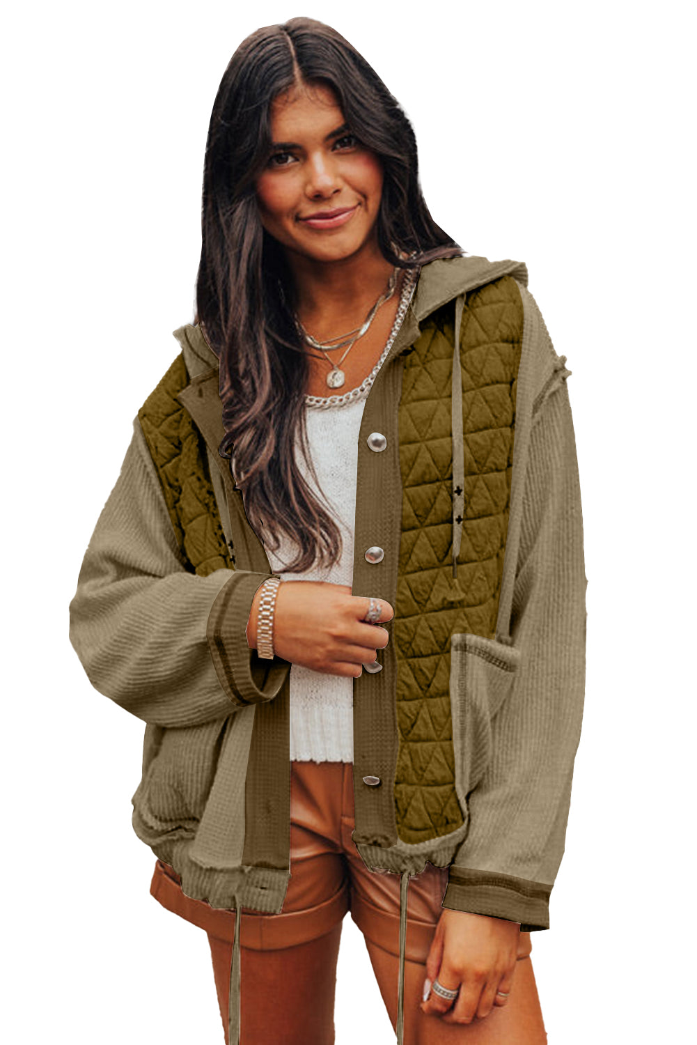 Jungle Green Quilted Textured Patchwork Hooded Jacket