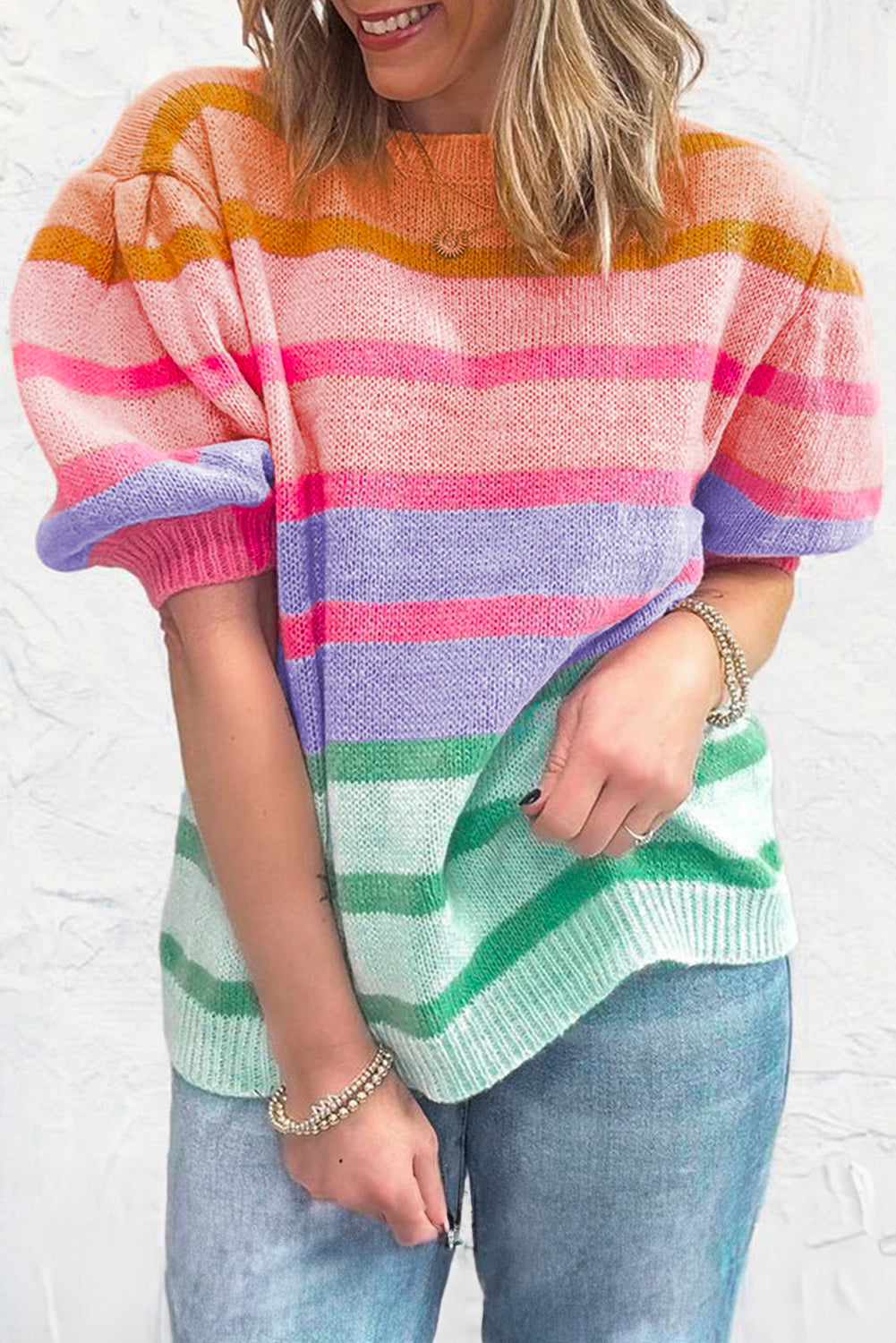 Rose Red Colourful Stripe Bubble Sleeve