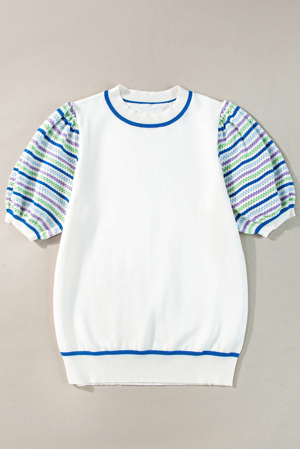 White Striped Hollowed Puff Sleeve Knitted Top