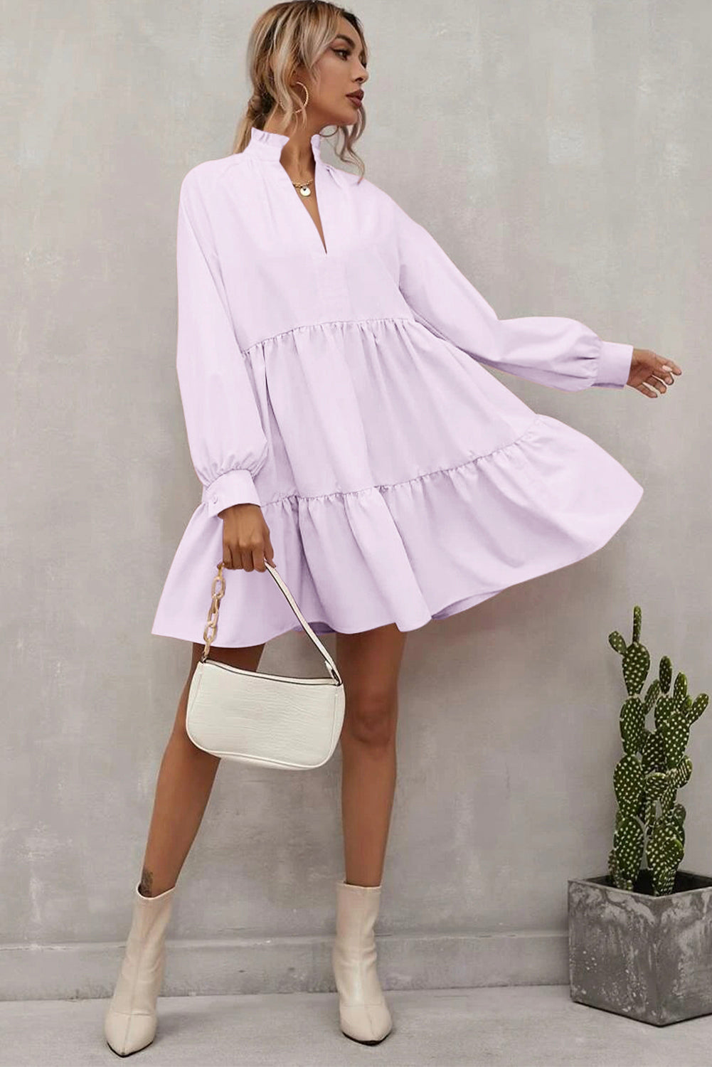 Pink Casual Stand V Neck Short Frill Dress