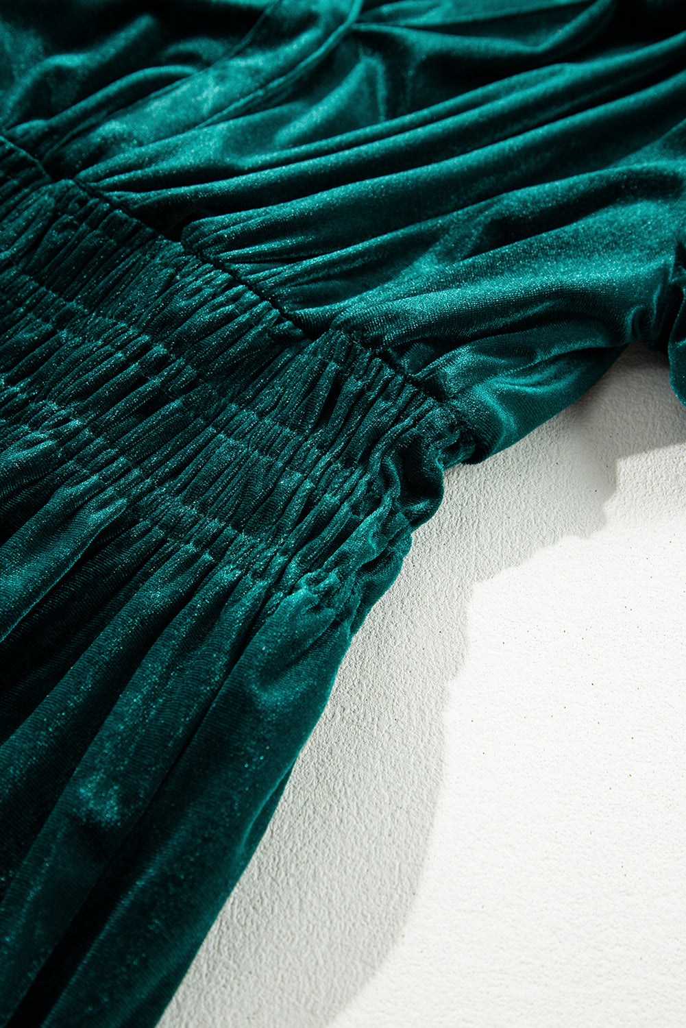 Evergreen Velvet Puff Short Sleeve Smocked Waist Tiered Maxi Dress