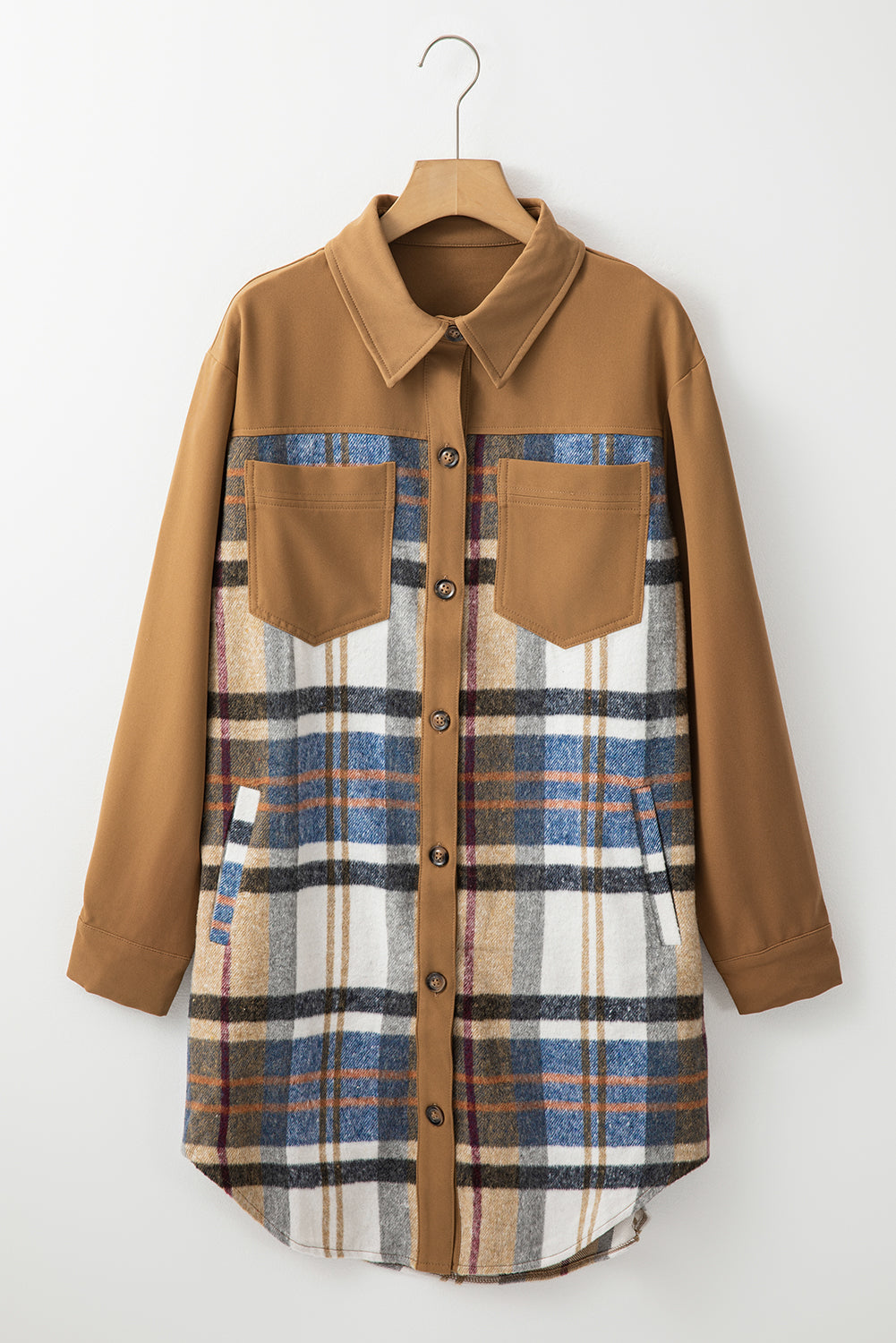 Khaki Plaid Patchwork Long Sleeve Jacket