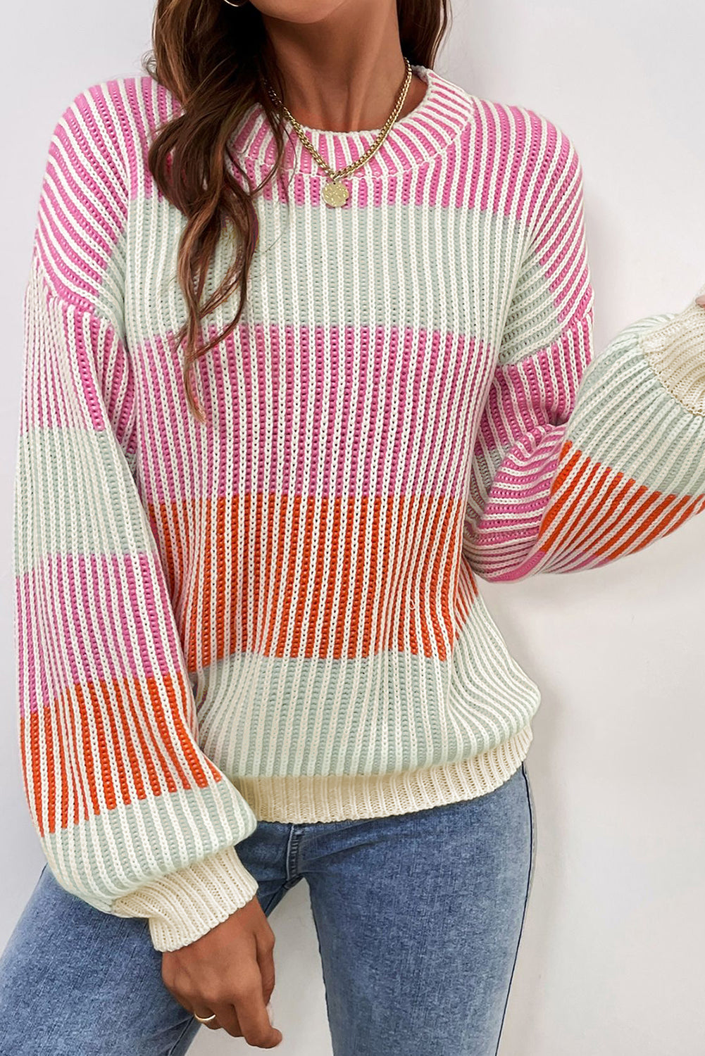 Pink Colorblock Lantern Sleeve Rib Knitted Sweater