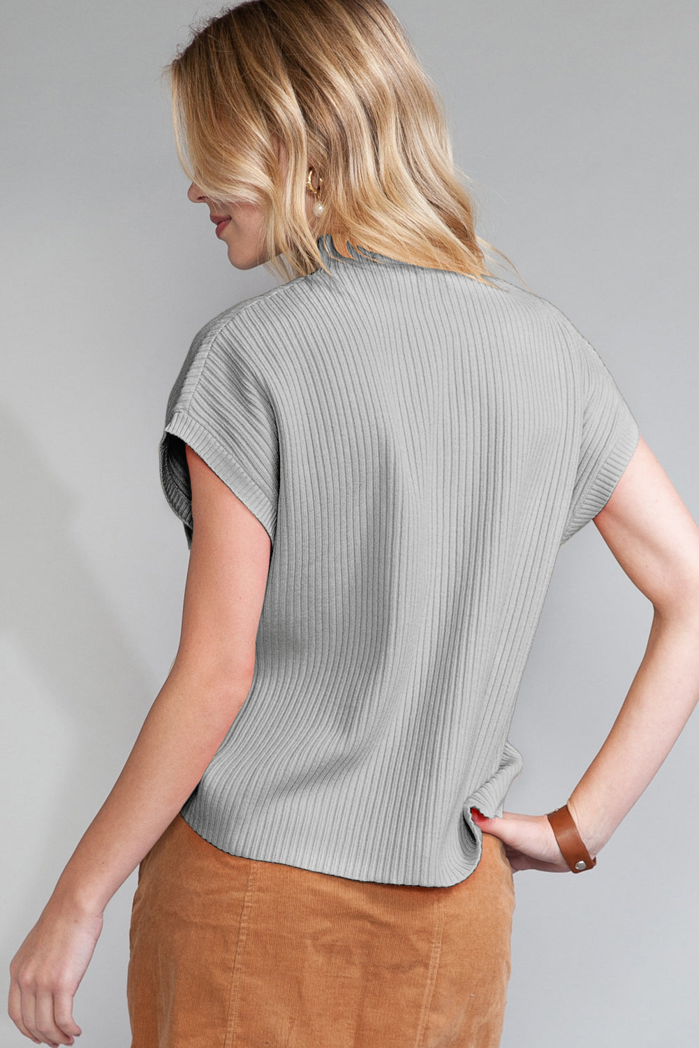 Gold Flame Patch Pocket Ribbed Knit Short Sleeve Sweater