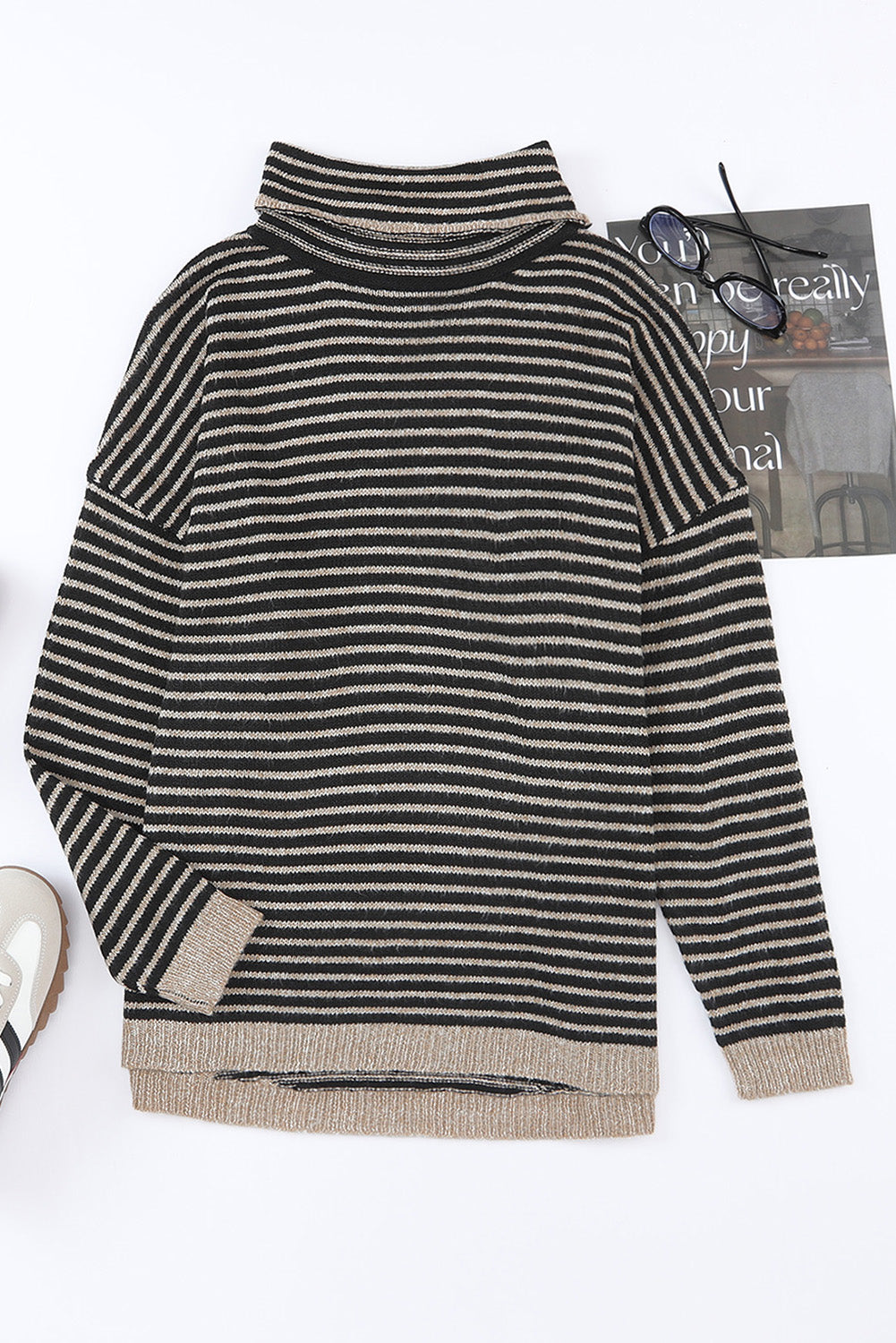 Black Striped Turtleneck Long Sleeve Sweater