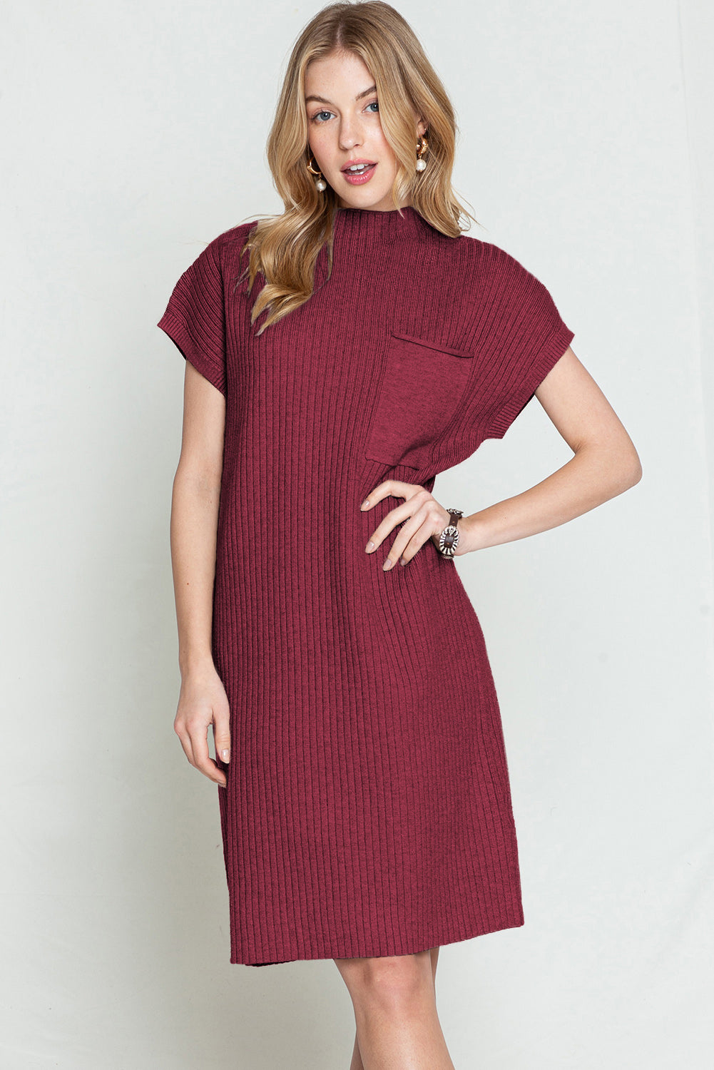 Taupe Patch Pocket Ribbed Knit Short Sleeve Sweater Dress