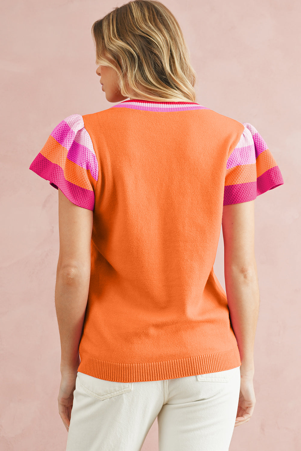 Carrot Contrast Color Striped Sleeve Knitted Tee