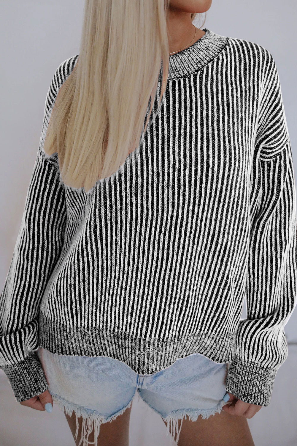 Black Stripe Ribbed Drop Shoulder Sweater