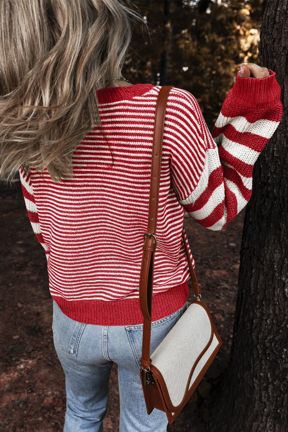 Gray Stripe Twisted Knitted Drop Shoulder Sweater