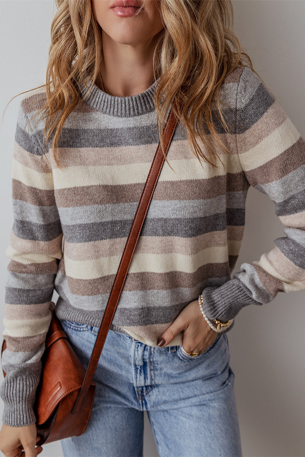 Gray Striped Ribbed Edge Round Neck