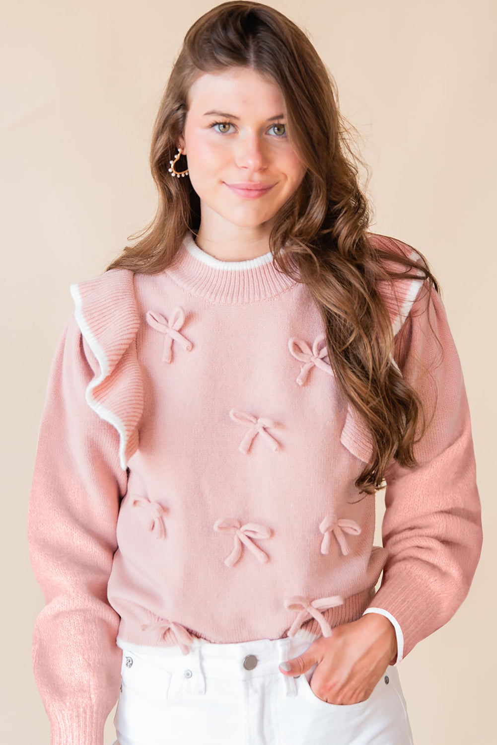 Light Pink Bow Detail Contrast Trim Ruffle Sweater