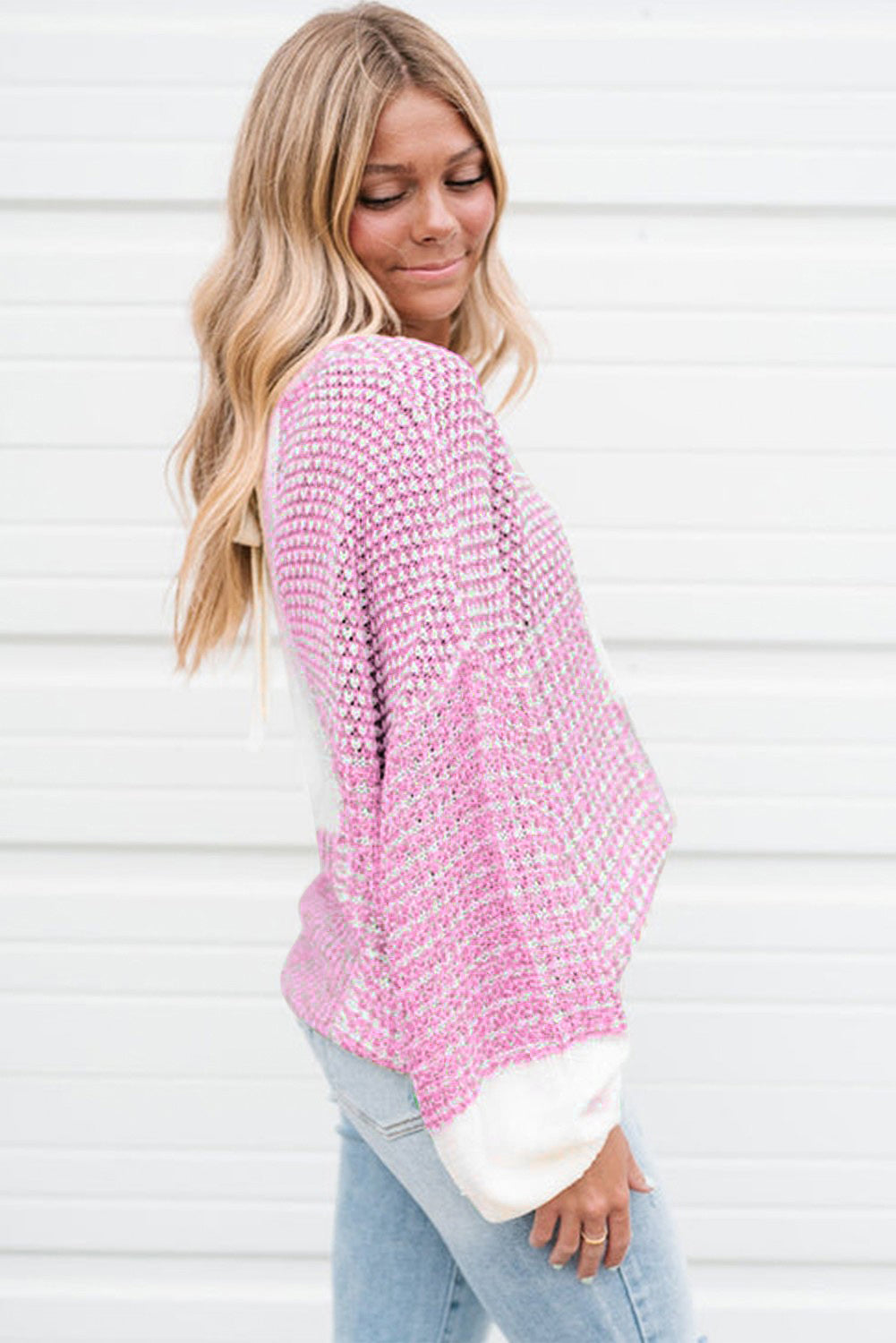 Pink Patchwork Tie Back Drop Shoulder Knit Sweater