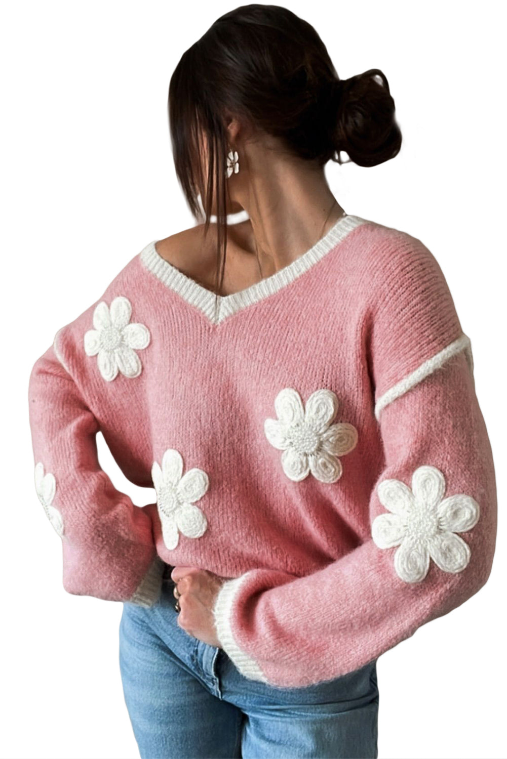 Pink Floral Patched Contrast Trim V Neck Sweater