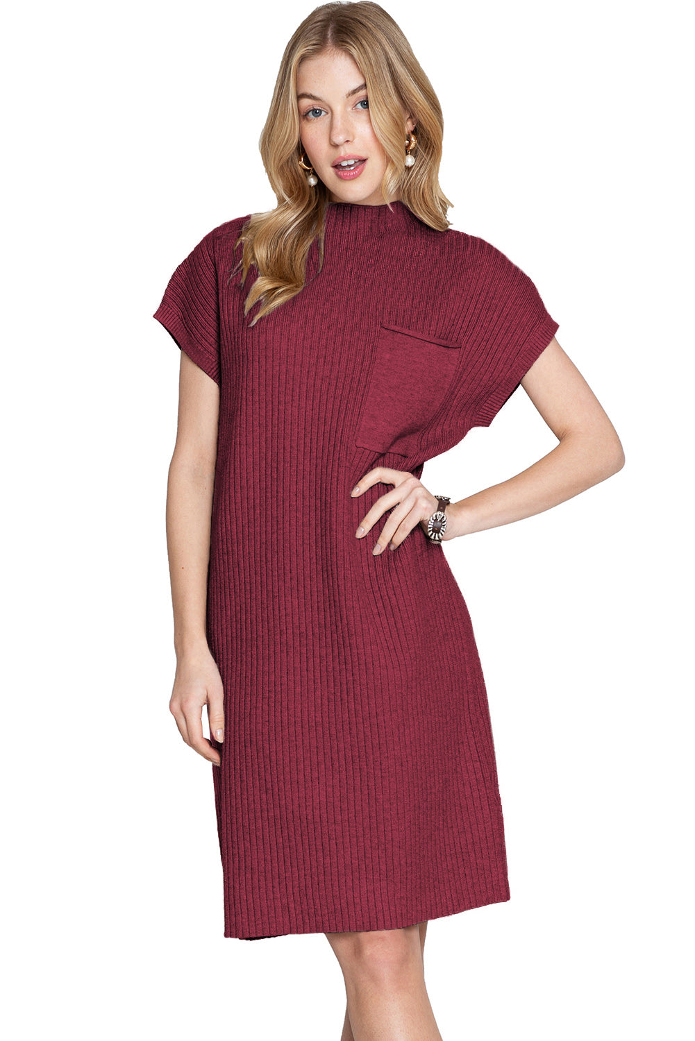 Taupe Patch Pocket Ribbed Knit Short Sleeve Sweater Dress