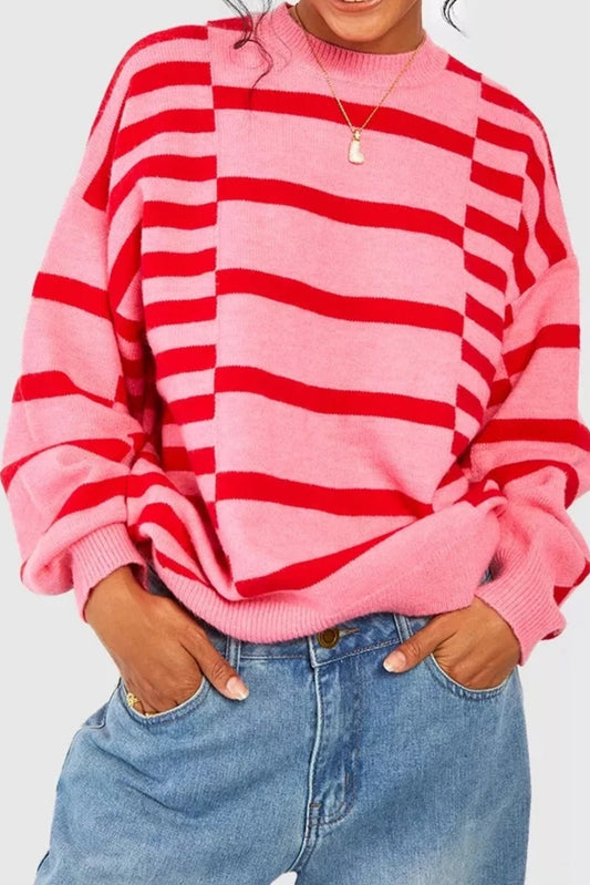 Pink Striped Crewneck Drop Sleeve Knit Sweater