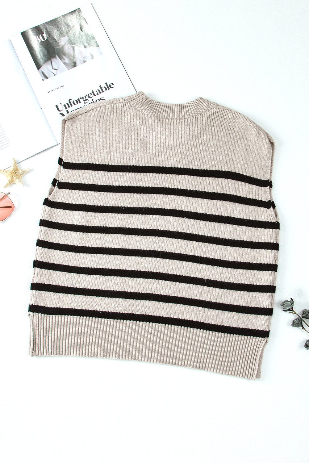 Apricot Stripe Knitted Round Neck Cap Sleeve Top