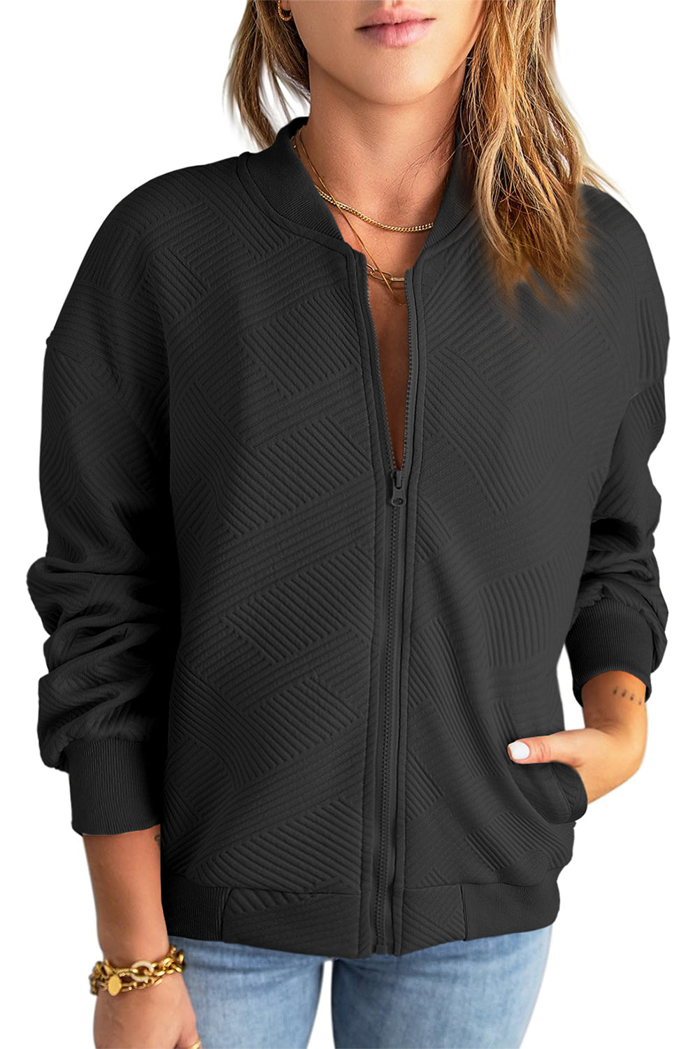 Black Plain Textured Stand Neck Zipper Bomber Jacket