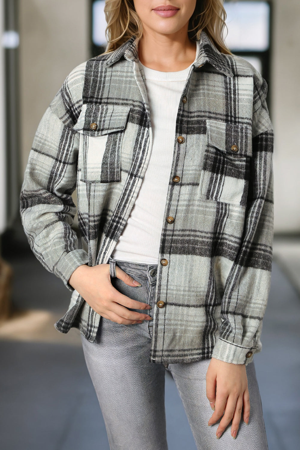 Gold Flame & Grey Plaid Button Up Collared Flannel Shacket