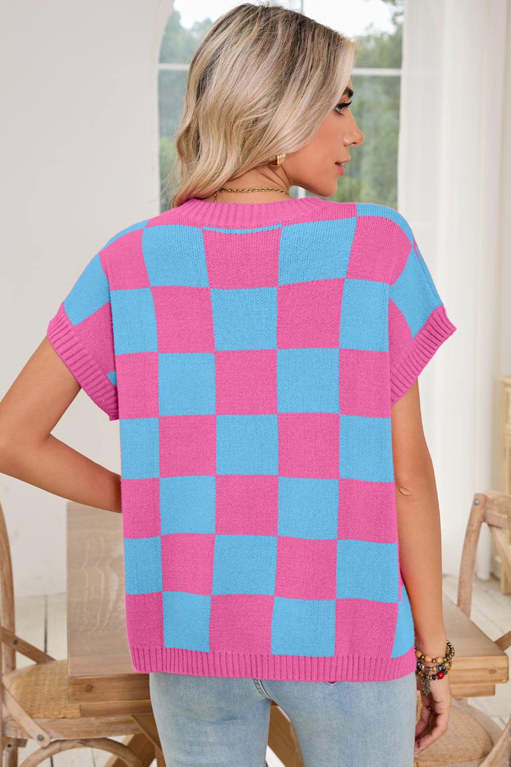 Strawberry Pink Colorblock Plaid Knit Dolman Tee