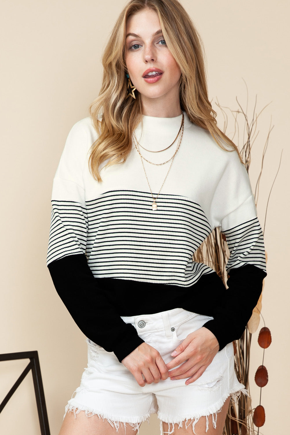 Black Striped Contrast Colorblock Knit Top