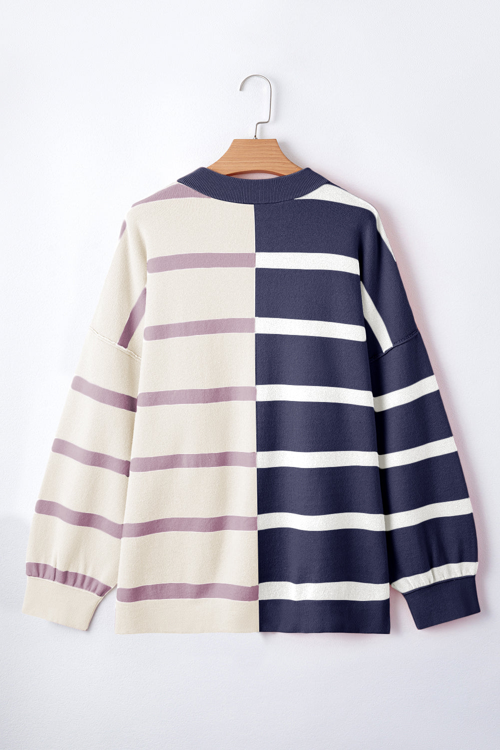 Pink Striped Colorblock Drop Shoulder Sweater