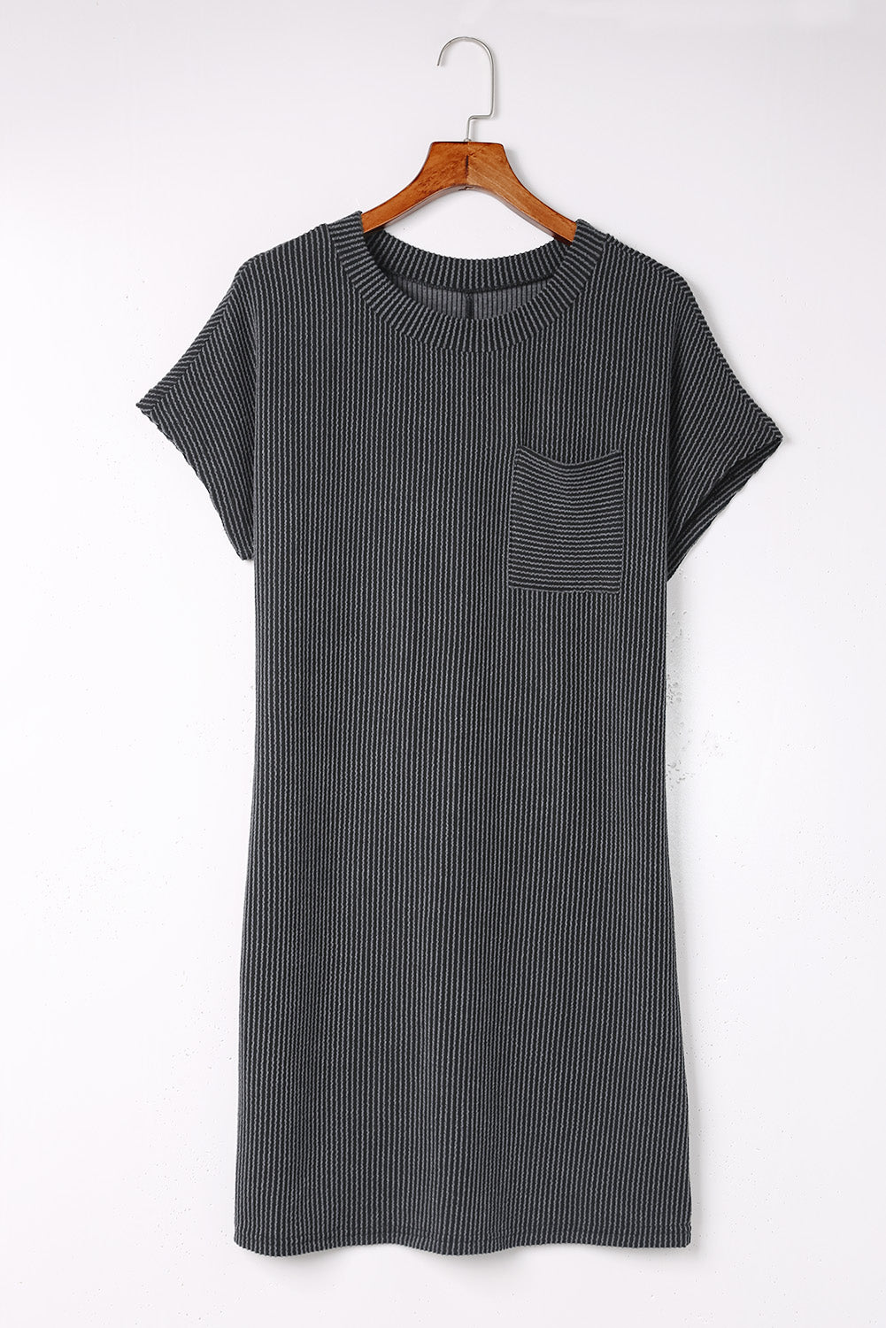 Grey Ribbed Short Sleeve Chest Pocket Casual T Shirt Dress