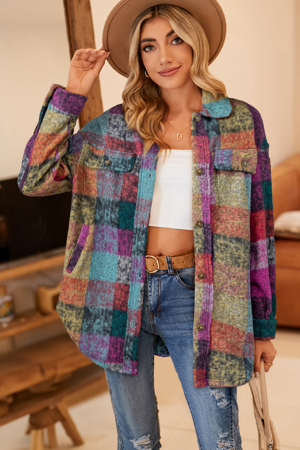 Multicolor Brushed Plaid Pocketed Oversize Shacket