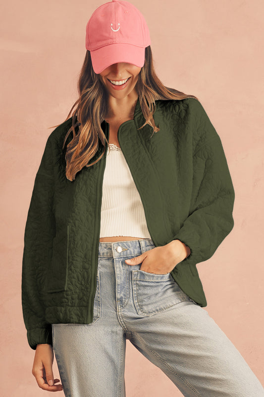 Jungle Green Plain Floral Embossed Zip Up Jacket