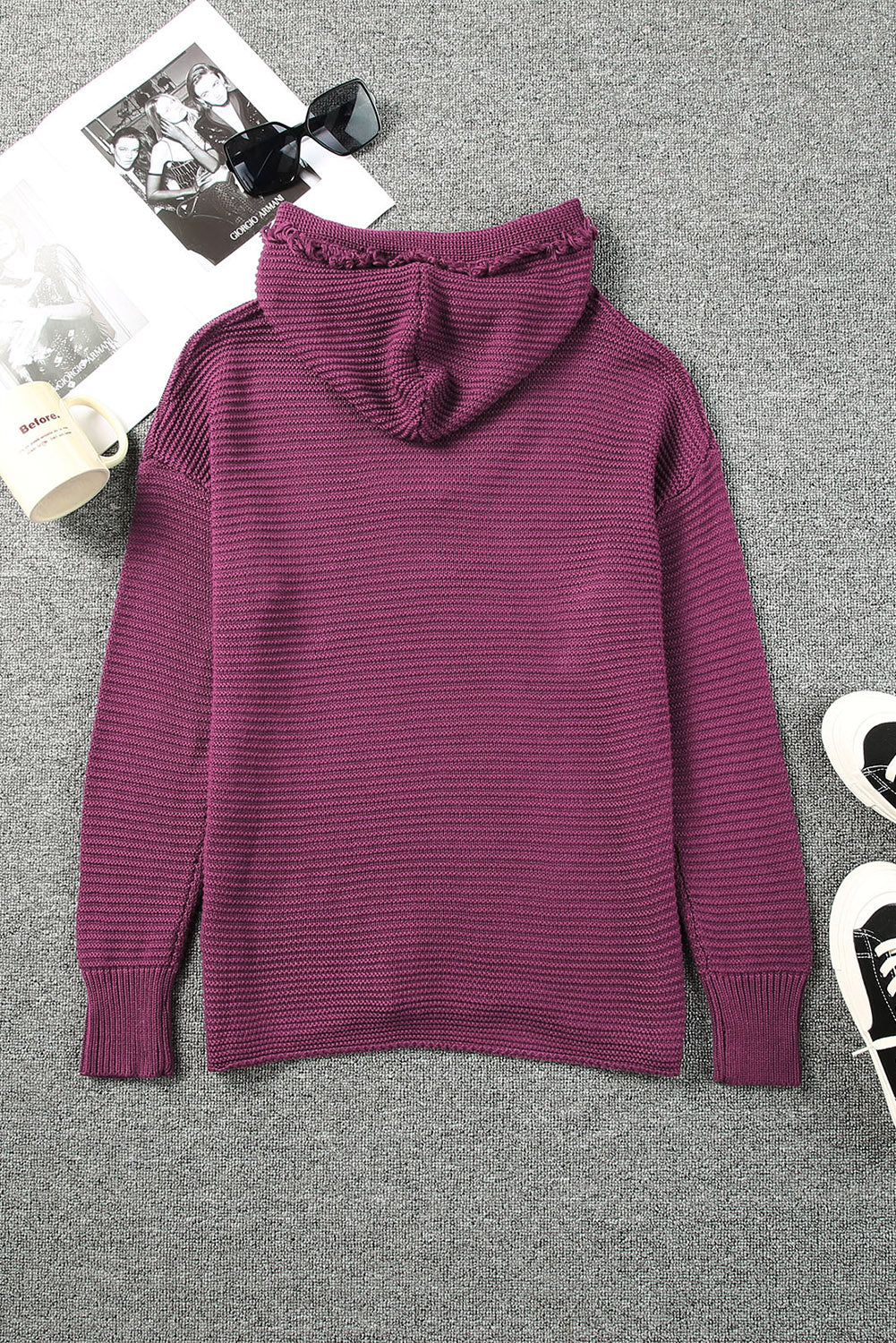 Grey Split V Neck Casual Knit Hooded Sweater