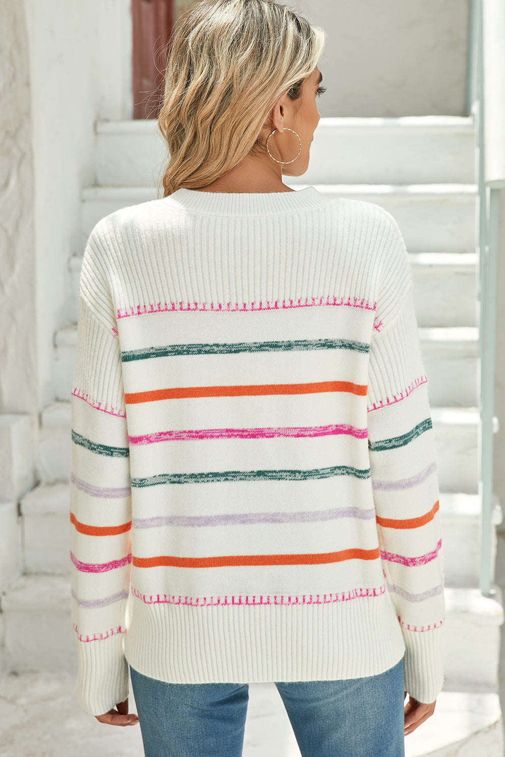 White Colorful Striped Ribbed Trim Round Neck Sweater