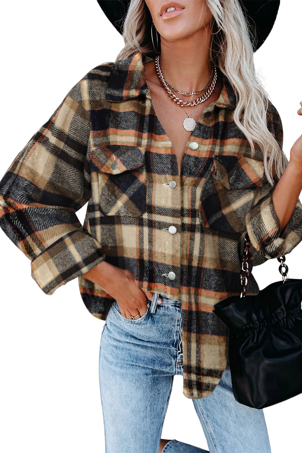 Brown Plaid Button Up Long Sleeve Flannel Shacket