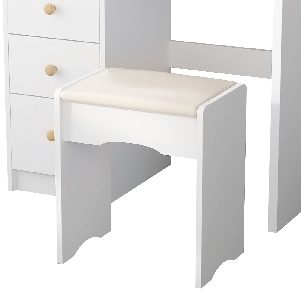 AGOTENI Large Vanity Table Set Makeup Vanity Dressing Table with Mirror, 5 Drawers & Shelves, Dresser Desk and Cushioned Stool Set (White Lighted Mirror)