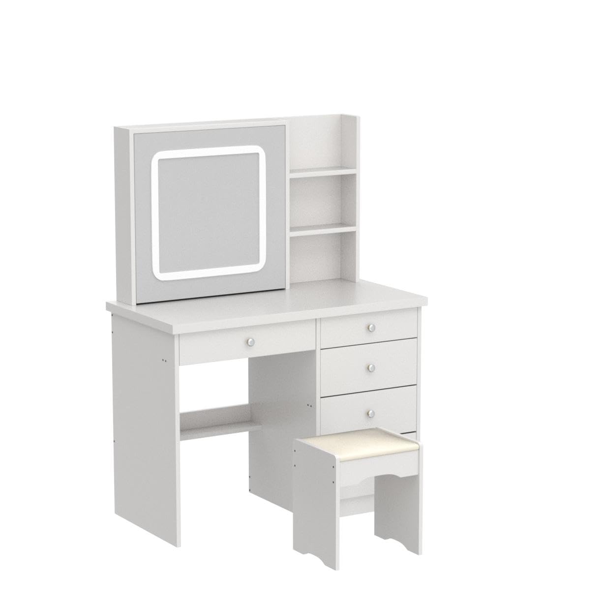 AGOTENI Large Vanity Table Set Makeup Vanity Dressing Table with Mirror, 5 Drawers & Shelves, Dresser Desk and Cushioned Stool Set (White Lighted Mirror)