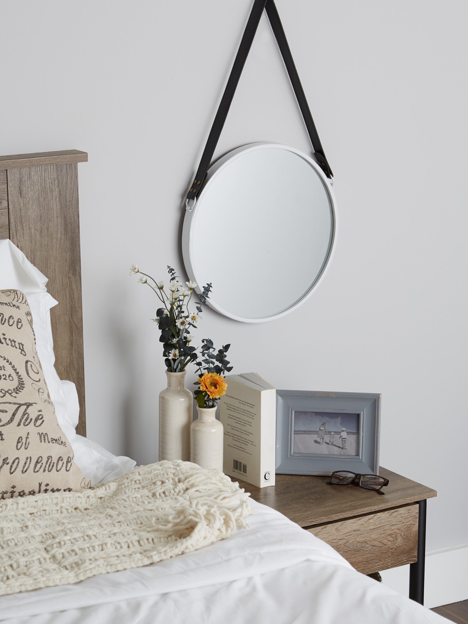 Hanging White Mirror with Faux Leather Strap - Accent Plus