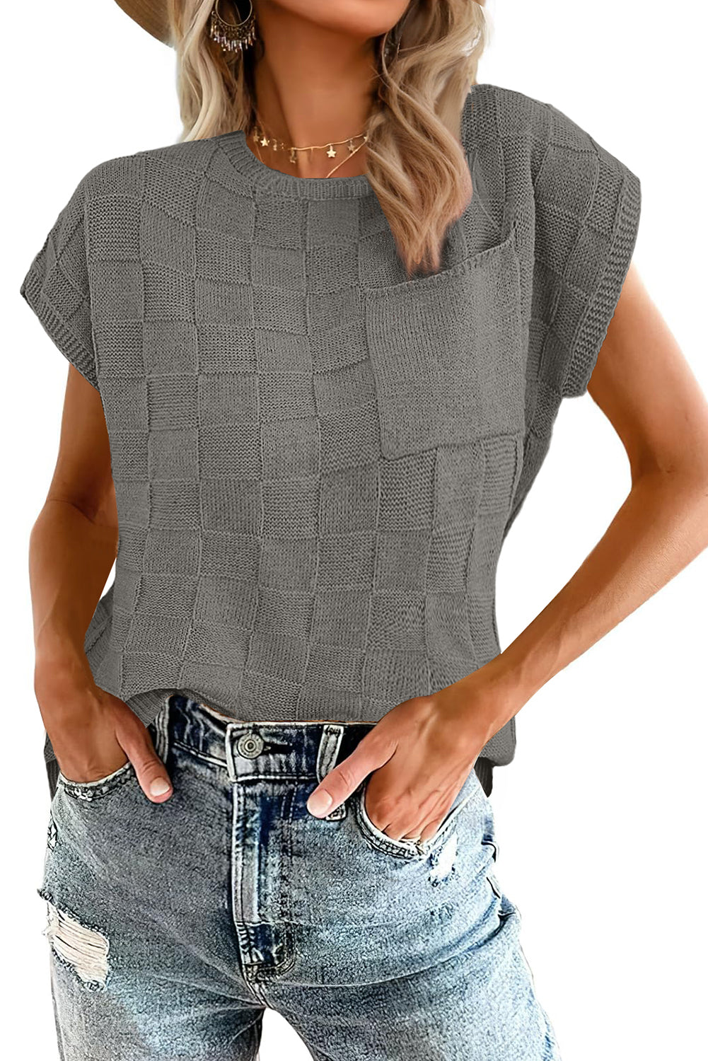 Gray Lattice Textured Knit Chest Pocket Loose Blouse