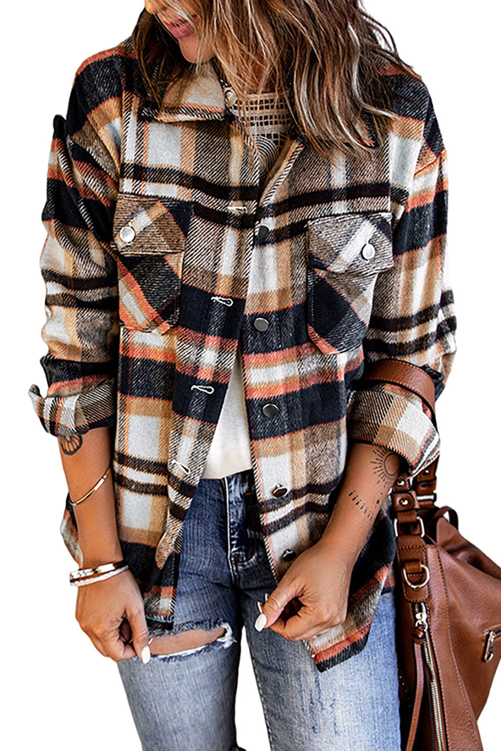 Brown Plaid Button Up Long Sleeve Flannel Shacket