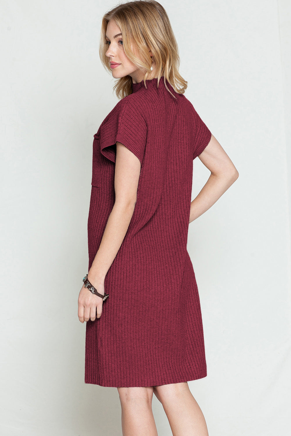 Taupe Patch Pocket Ribbed Knit Short Sleeve Sweater Dress