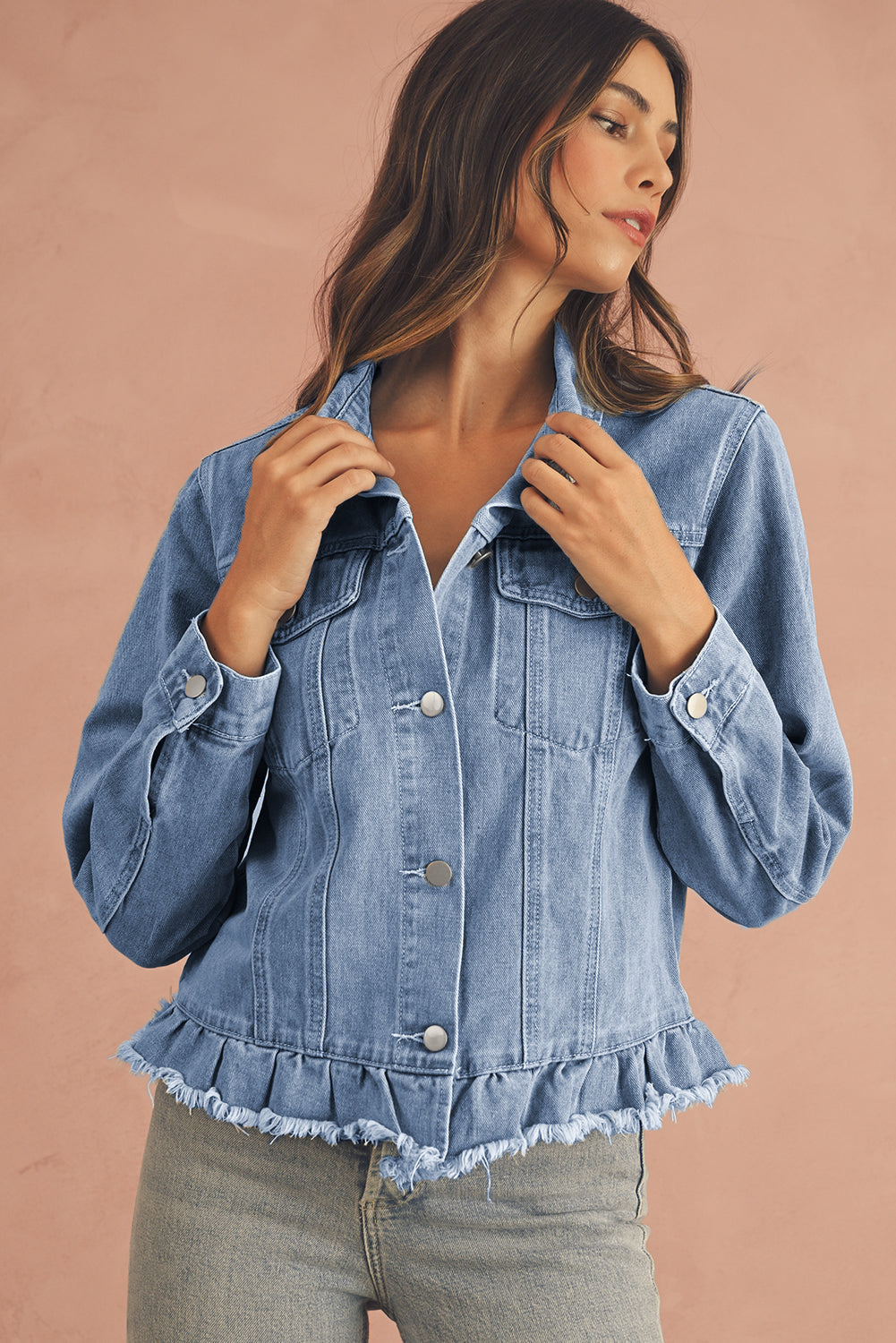 Navy Blue Ruffle Raw Hem Flap Pockets Denim Jacket