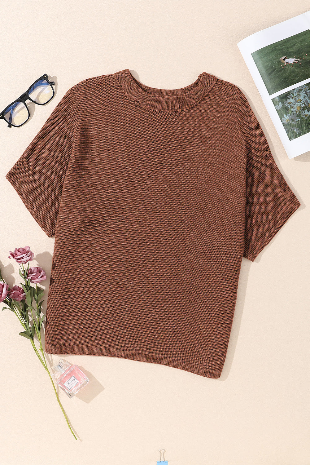 Apricot Mock Neck Short Batwing Sleeve Sweater